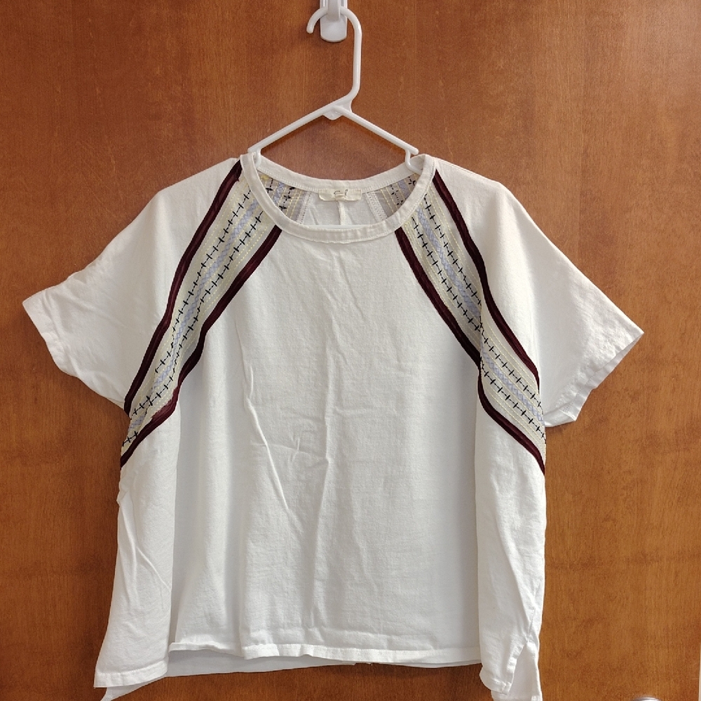 Easel Oversized White Tee with Embroidered Accents